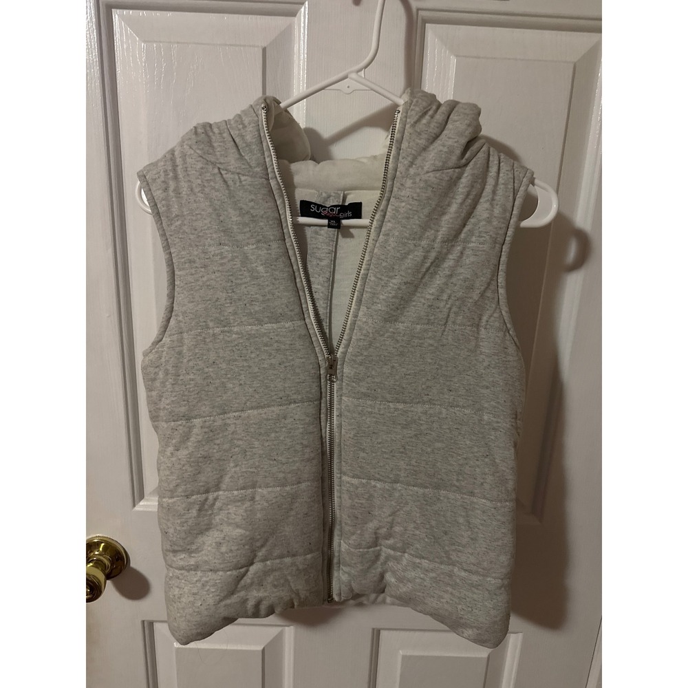 Sugar Rush Girls Heather Gray Quilted Puffer Vest Hooded‎ Fleece Lined XL Kids